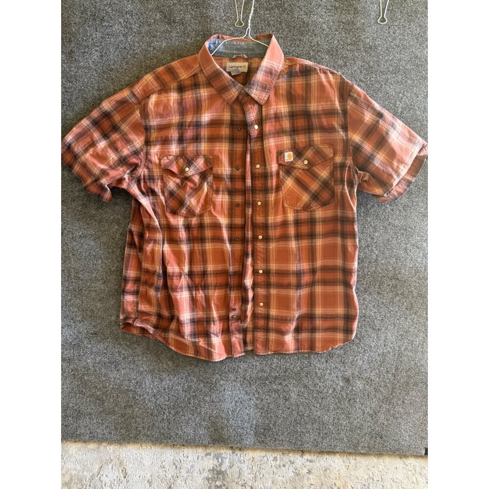 Carhartt Mens 2XL Relaxed Fit Plaid Short-Sleeve Button-Up Shirt Orange/Brown